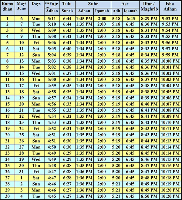 Ramadan Schedule | Al-Farooq Masjid